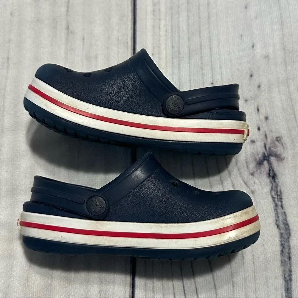 Crocs Crocband‎ Navy Blue Red Stripe Kid Toddler Sz 6/7 Preschool Water Sandals